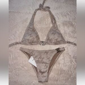 Beige Logo-Print Halter Bikini Set